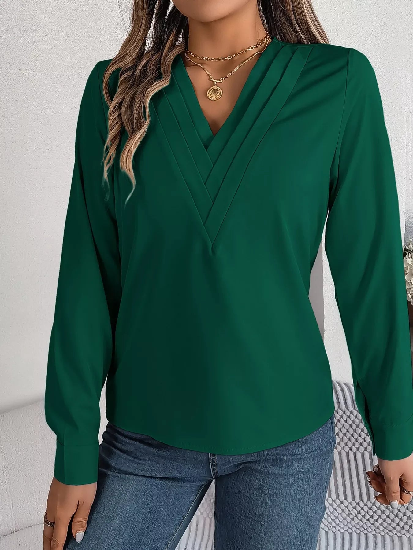 Layered V-Neck Long Sleeve Polyester Blouse - Southern Shores Clothing