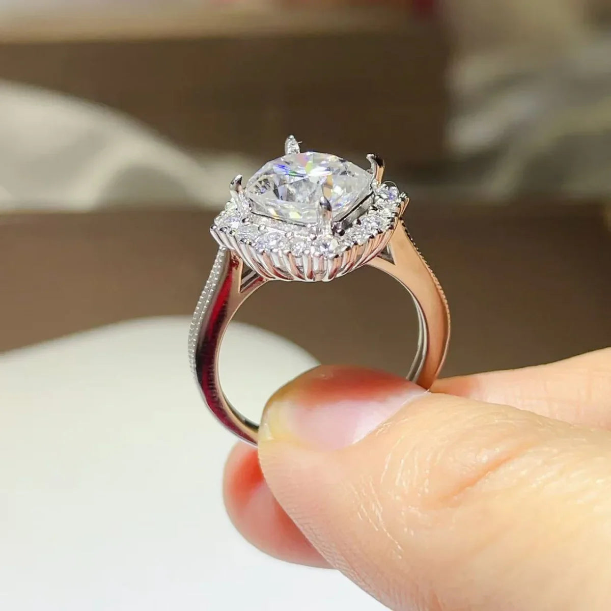 Cushion Cut Moissanite Ring 3 Carat Halo 925 Sterling Silver - Southern Shores Clothing