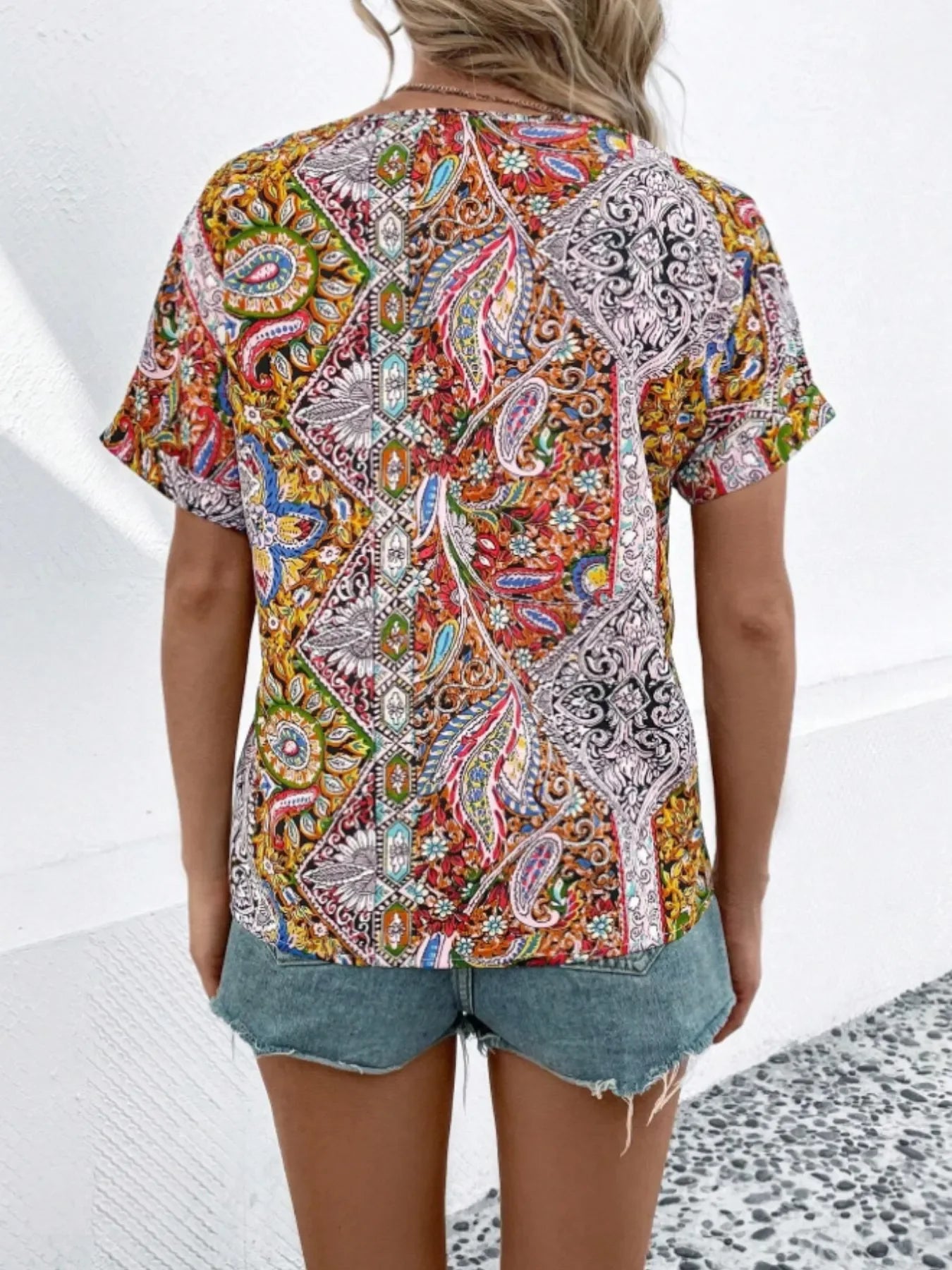 Bohemian Paisley Print V-Neck Short Sleeve T-Shirt - Southern Shores Clothing