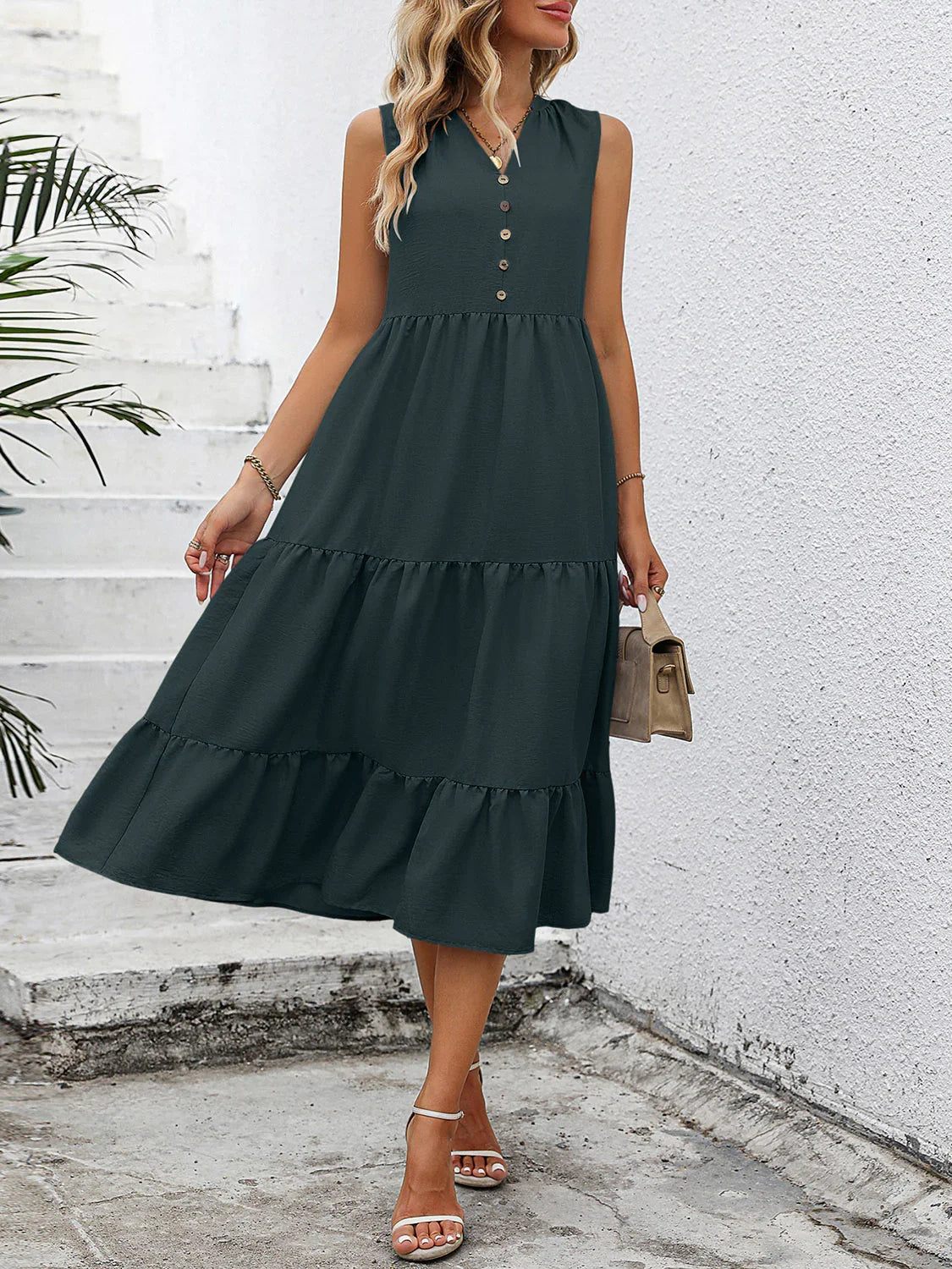 V-Neck Sleeveless Tiered Dress - Southern Shores Clothing