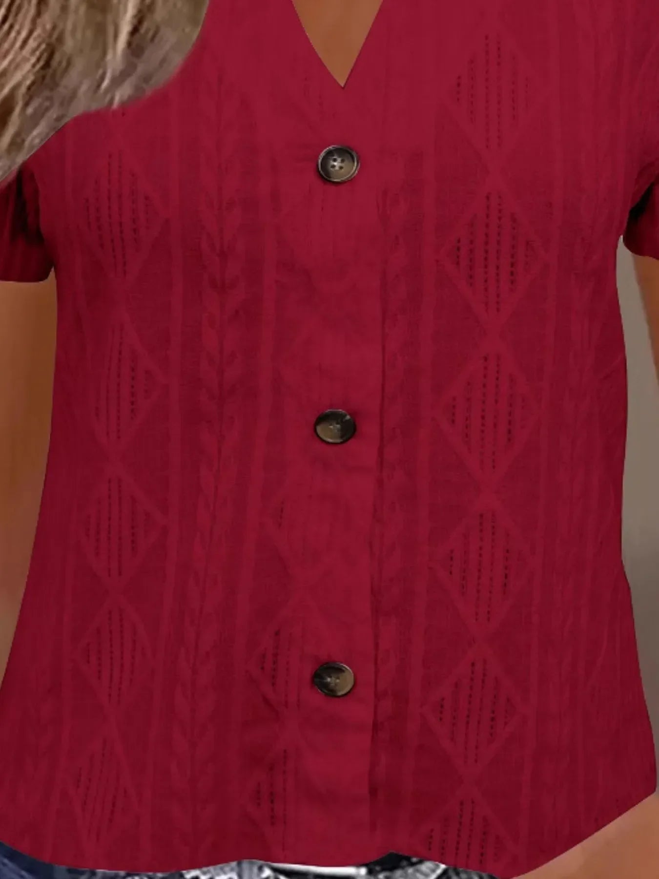 Textured Notched Short Sleeve Ribbed Buttoned Blouse - Southern Shores Clothing