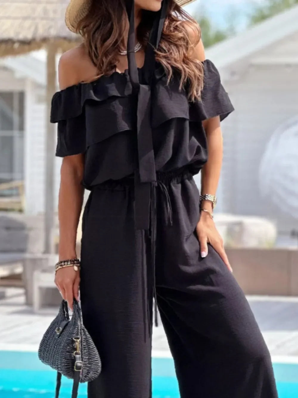 Ruffled Off-Shoulder Wide-Leg Jumpsuit Silhouette - Southern Shores Clothing