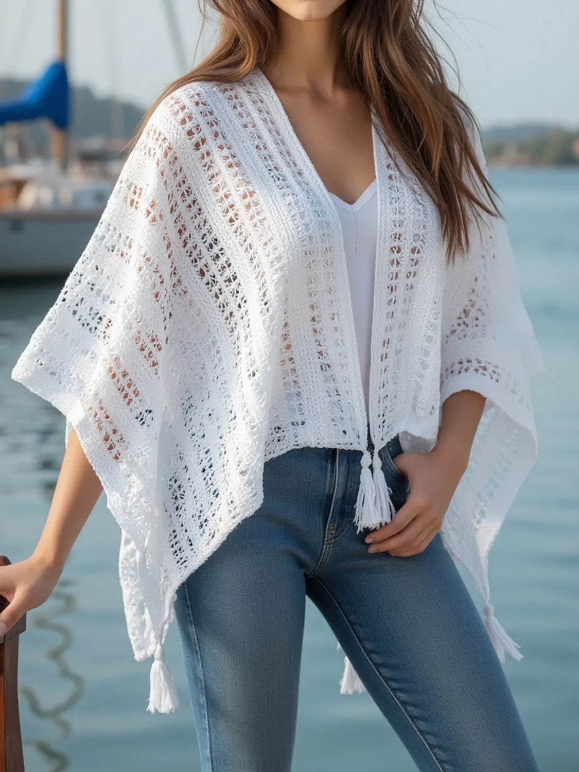 Openwork Tassel Open Front Knit Cover Up Kimono Lightweight - Southern Shores Clothing