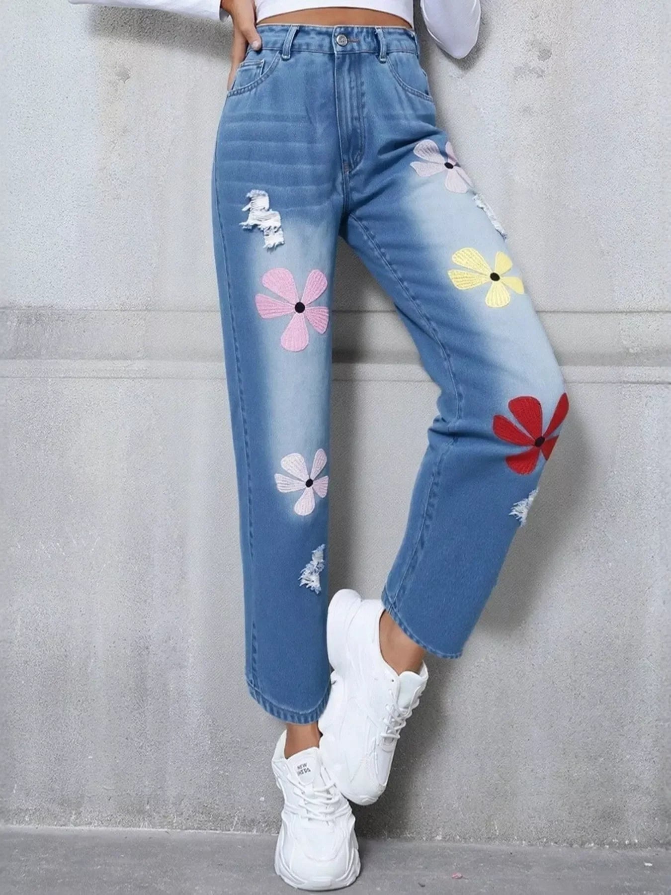 Coastal Floral Embroidered High Waist Distressed Jeans - Southern Shores Clothing