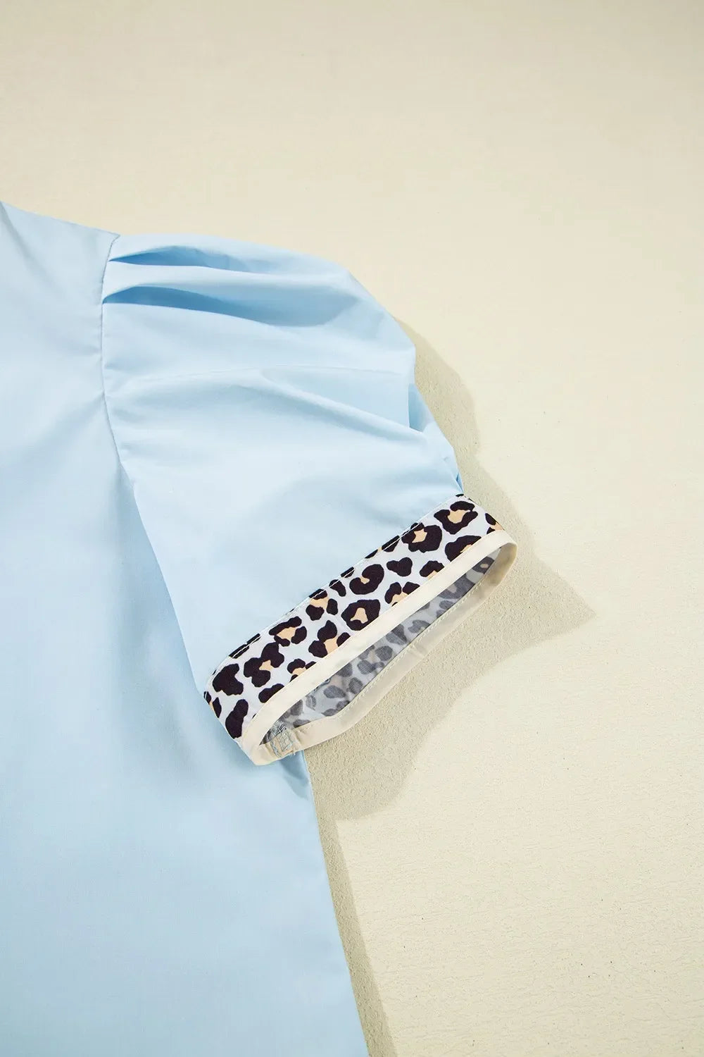 Contrast Leopard Trim Split Neck Puff Sleeve Blouse - Southern Shores Clothing