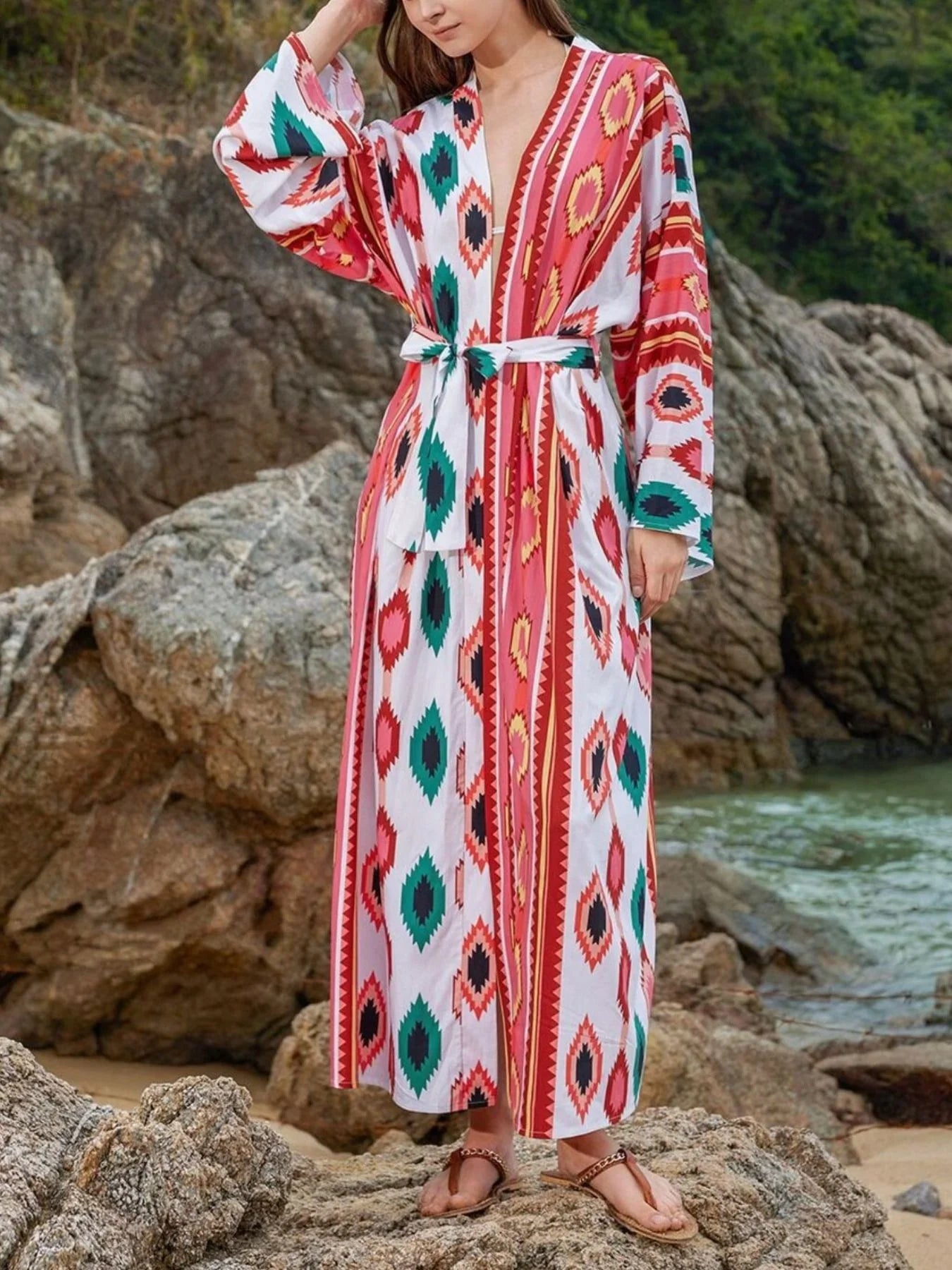 Boho Print Long Sleeve Cover Up Tie Waist Relaxed Fit Silhouette - Southern Shores Clothing