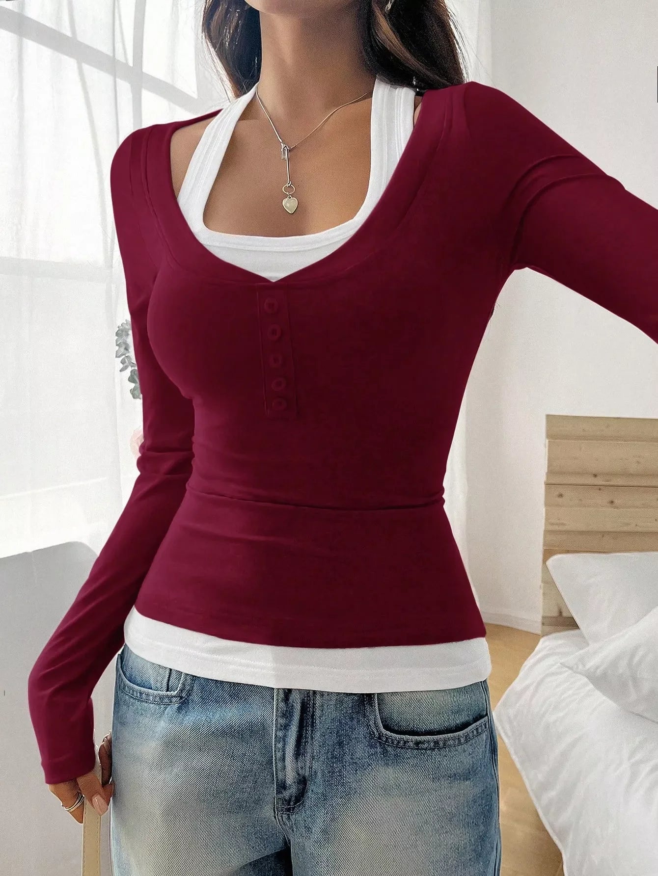 Scoop Neck Long Sleeve Fake Two-Piece T-Shirt - Southern Shores Clothing