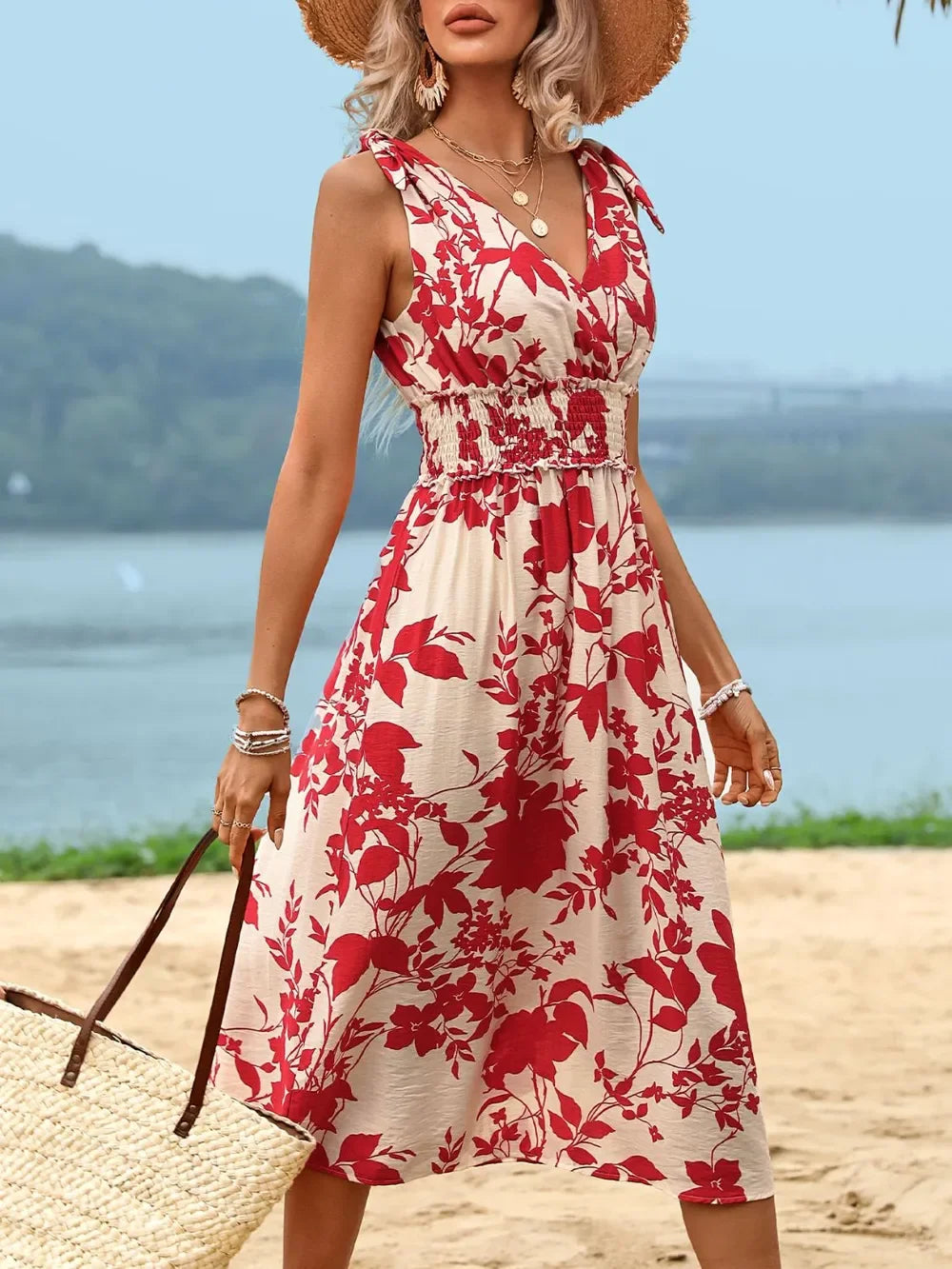 Floral Print Smocked Surplice Midi Dress With Tie Sleeveless - Southern Shores Clothing