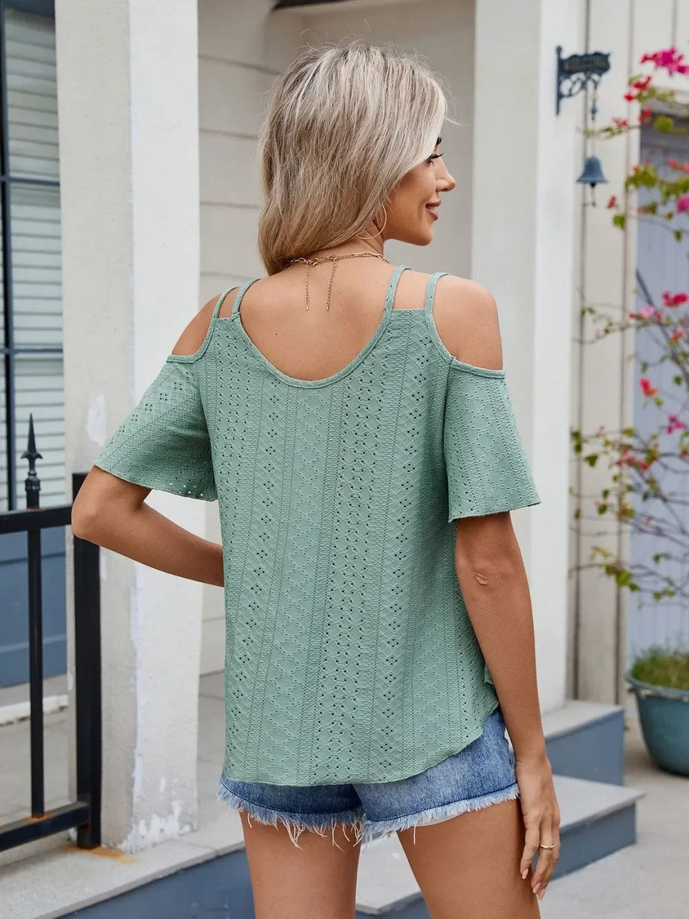 Florira Round Neck Cold Shoulder Eyelet T-Shirt - Southern Shores Clothing