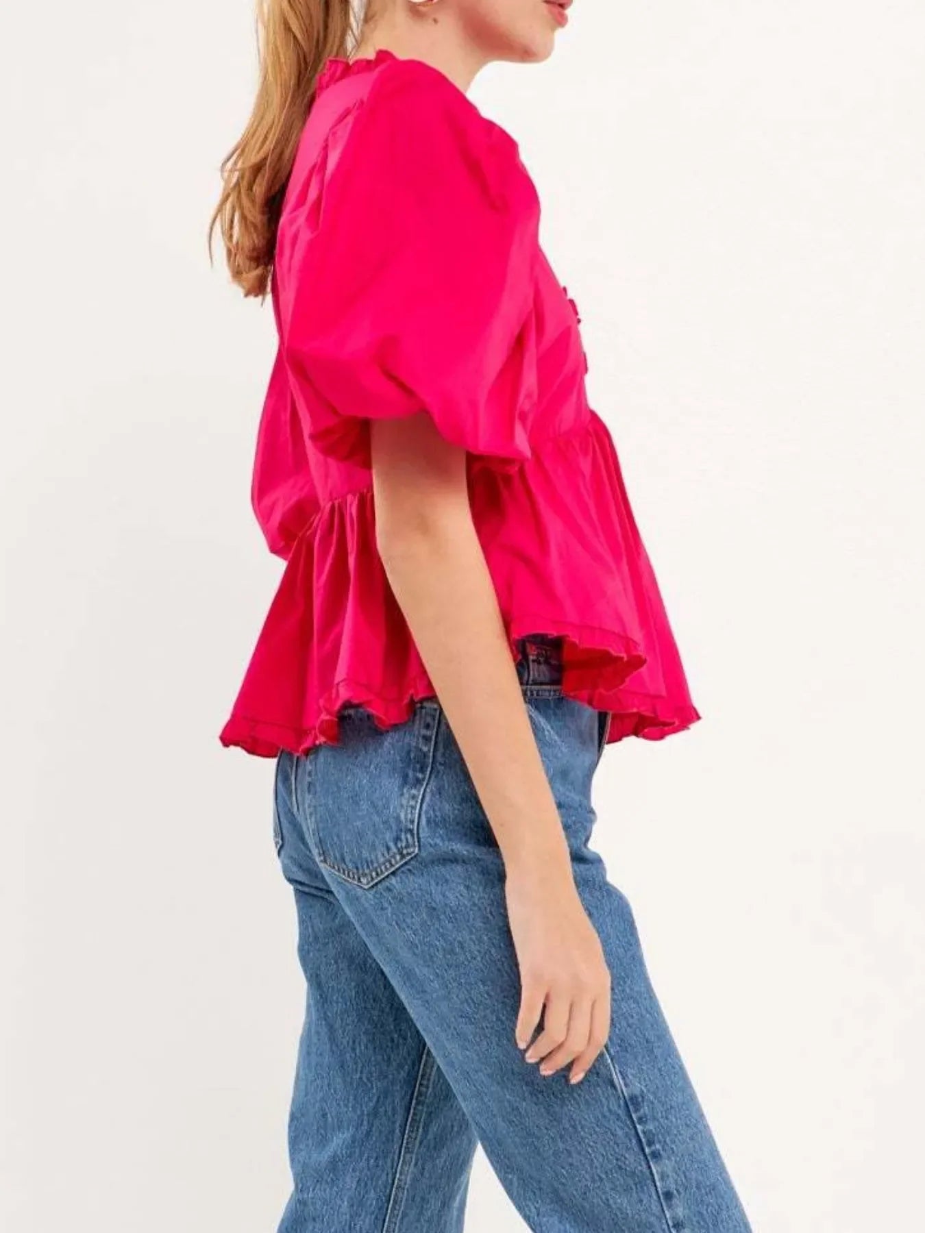 Stylish Southern Shores Clothing Puff Sleeve Peplum Blouse With Ruffles In 100% Polyester Fabric - Southern Shores Clothing