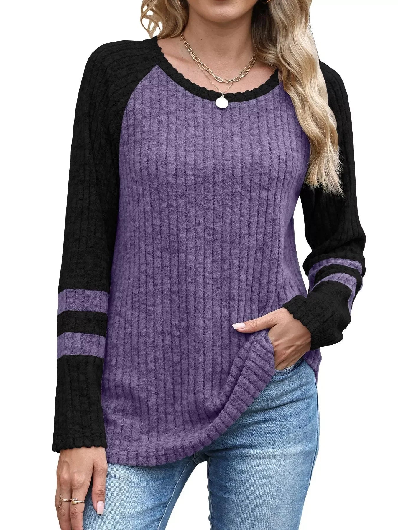 Ribbed Round Neck Raglan Sleeve Top - Southern Shores Clothing