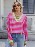 Lace-Up Striped Long Sleeve T-Shirt - Southern Shores Clothing