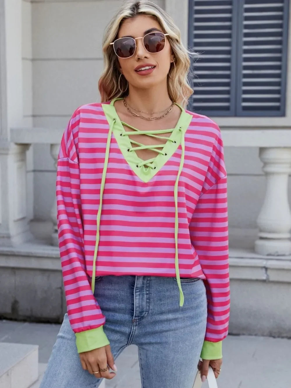 Lace-Up Striped Long Sleeve T-Shirt - Southern Shores Clothing
