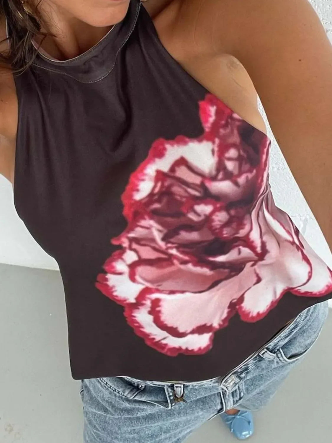 Backless Printed Halter Neck Tank Top With Slight Stretch - Southern Shores Clothing