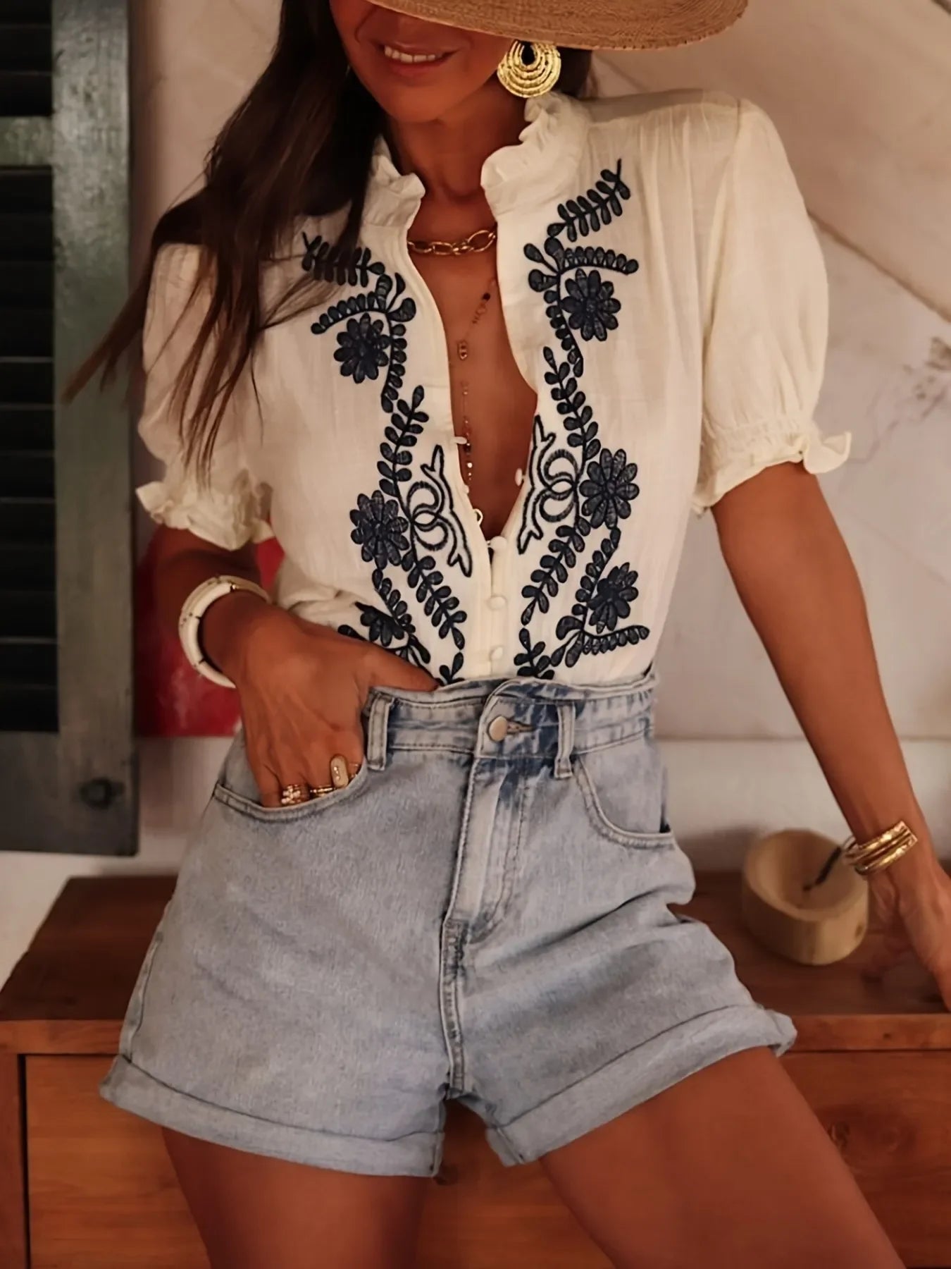 Southern Shores Clothing Embroidered Puff Sleeve Buttoned Blouse In 95 Percent Polyester - Southern Shores Clothing