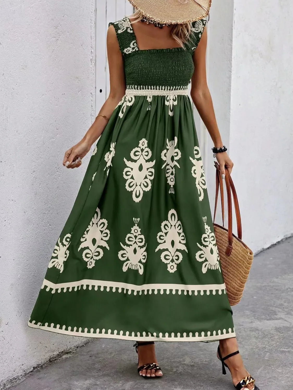 Smocked Printed Maxi Dress With Wide Straps Boho Style Details - Southern Shores Clothing