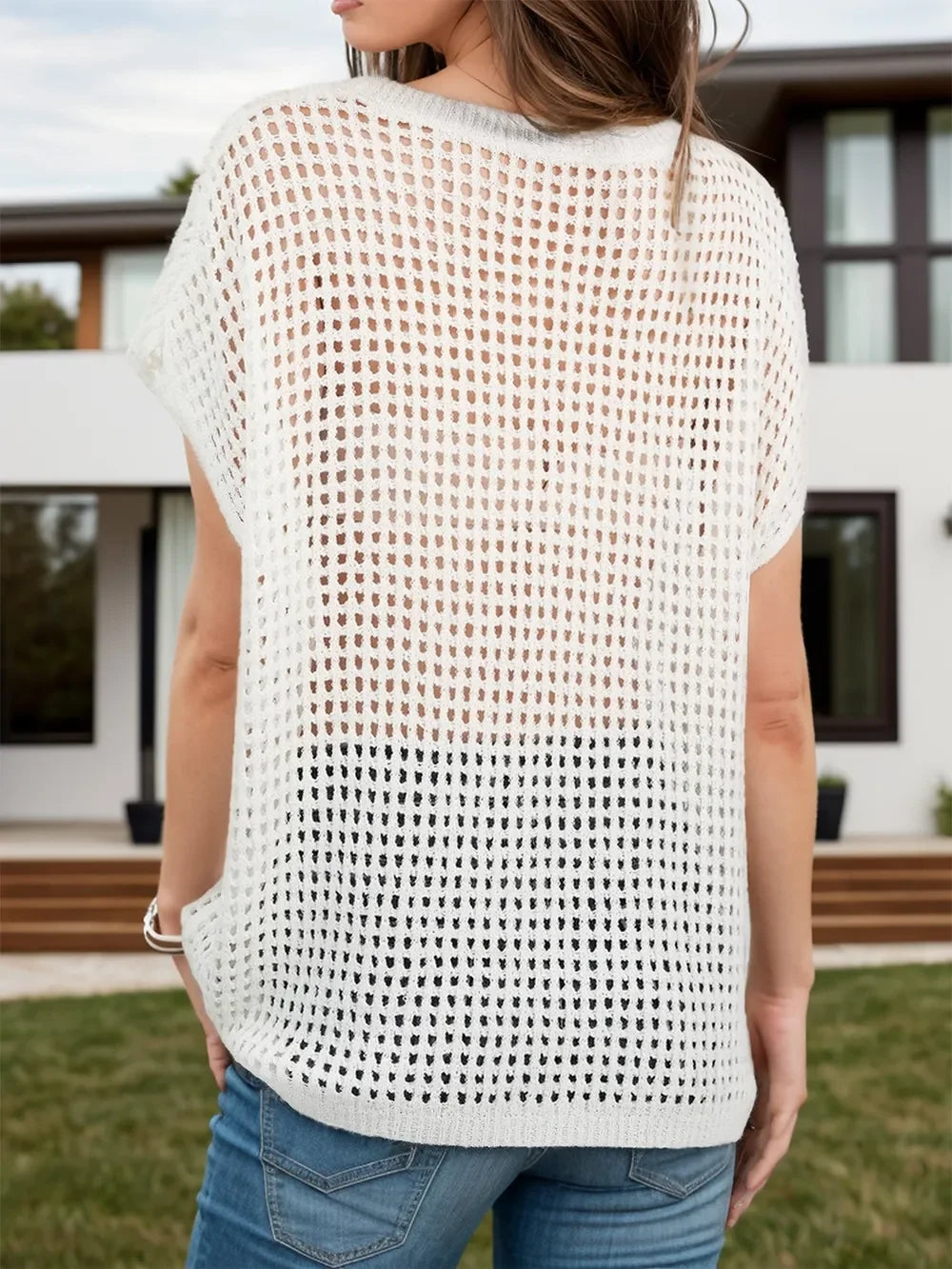 Openwork Round Neck Short Sleeve Cover-Up - Southern Shores Clothing