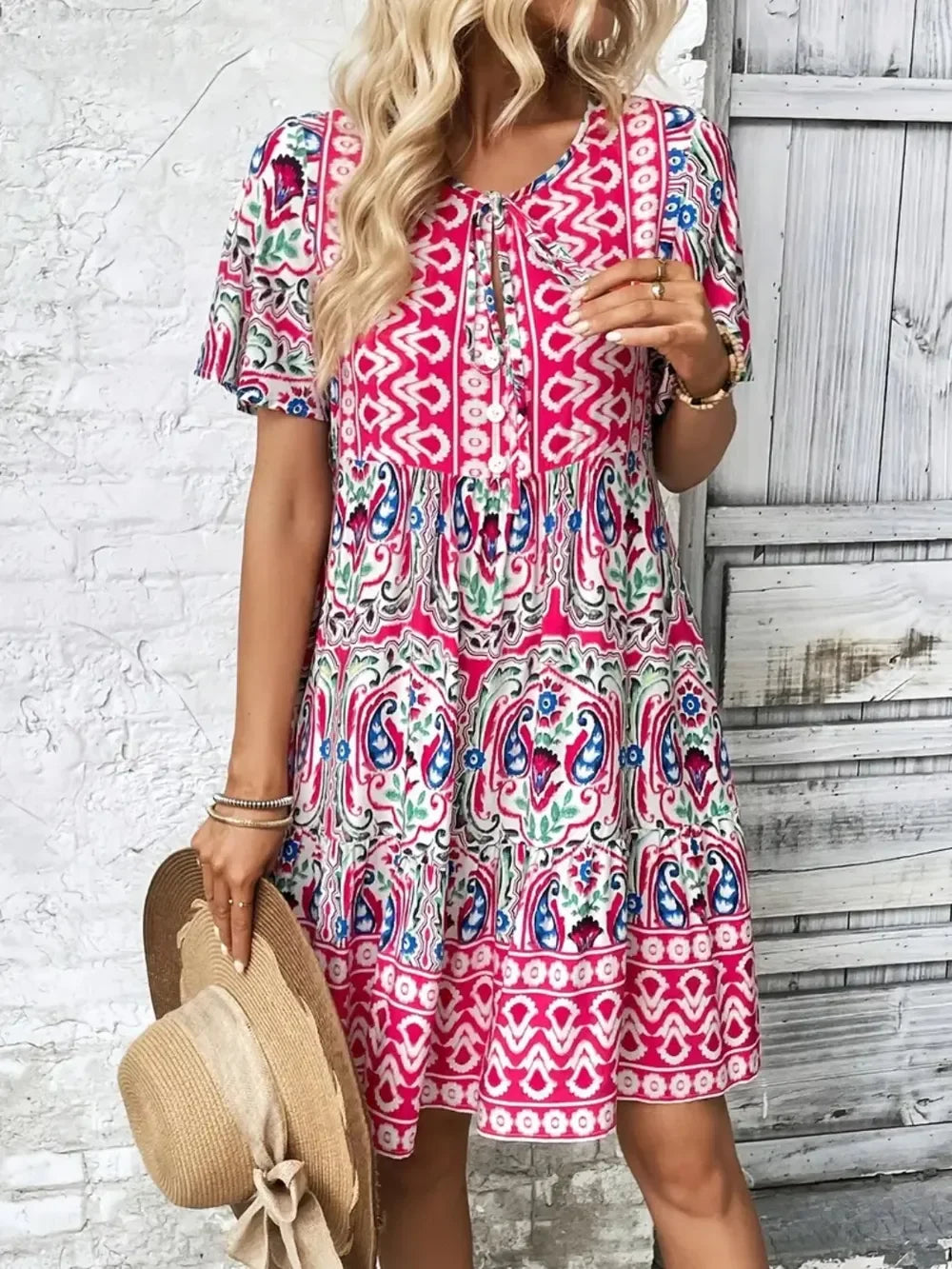Printed Tie Neck Short Sleeve Dress With Paisley Print Pattern - Southern Shores Clothing