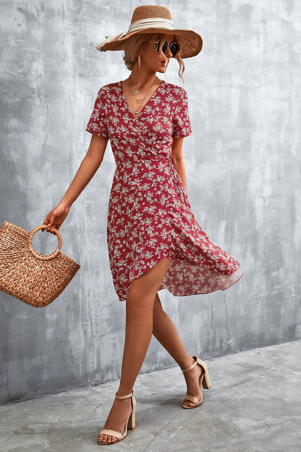Floral Surplice Neck Flutter Sleeve Dress - Southern Shores Clothing