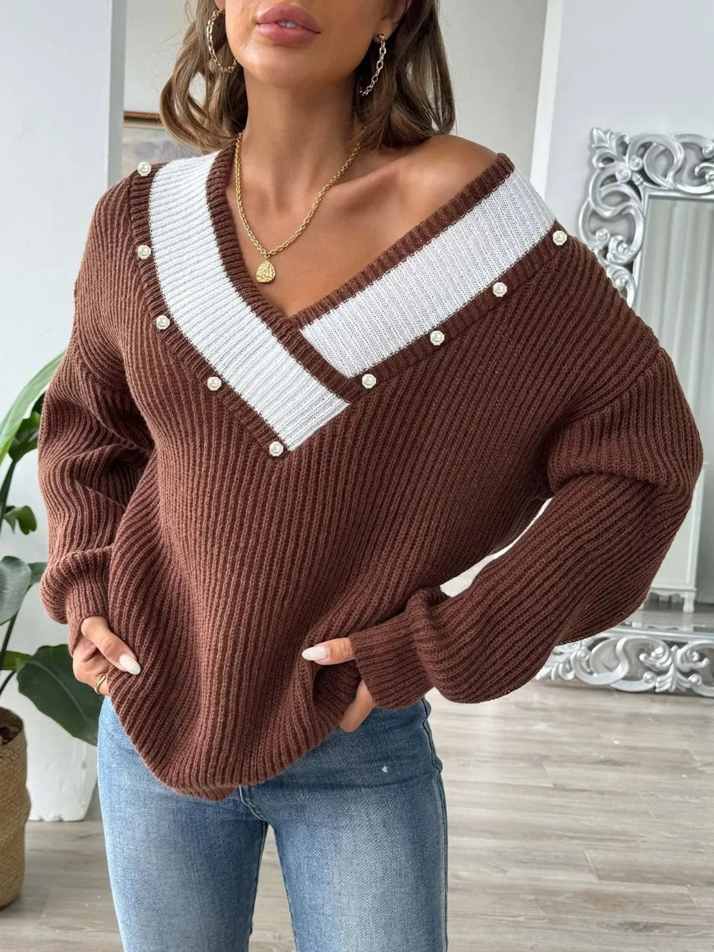 Contrast Trim Dropped Shoulder Long Sleeve Sweater - Southern Shores Clothing