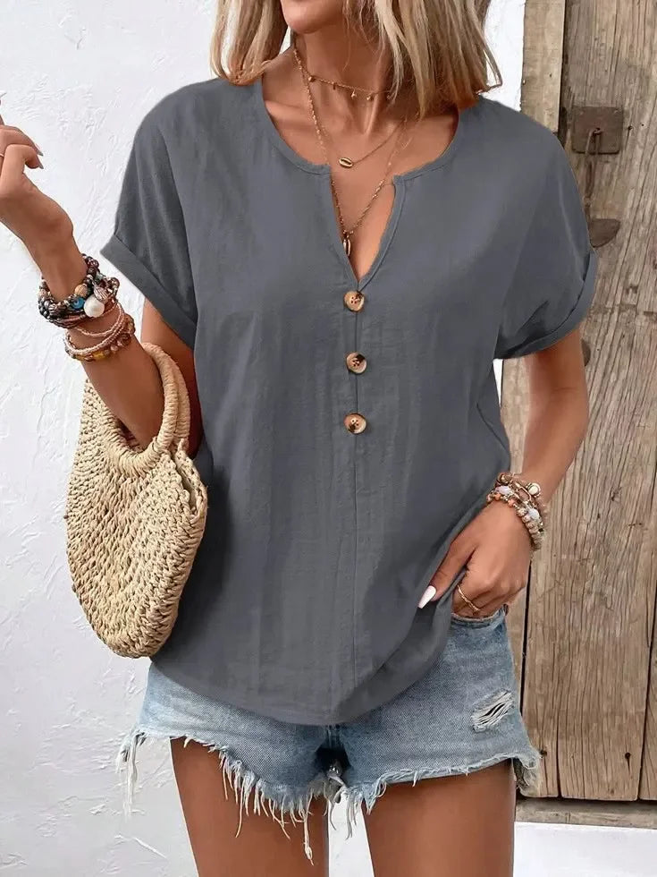 Plus Size Notched Short Sleeve T Shirt With Button Front - Southern Shores Clothing