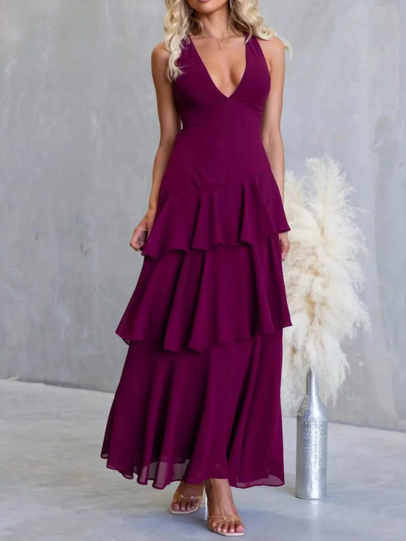 Sleeveless Ruffled Layered Backless Maxi Dress - Southern Shores Clothing