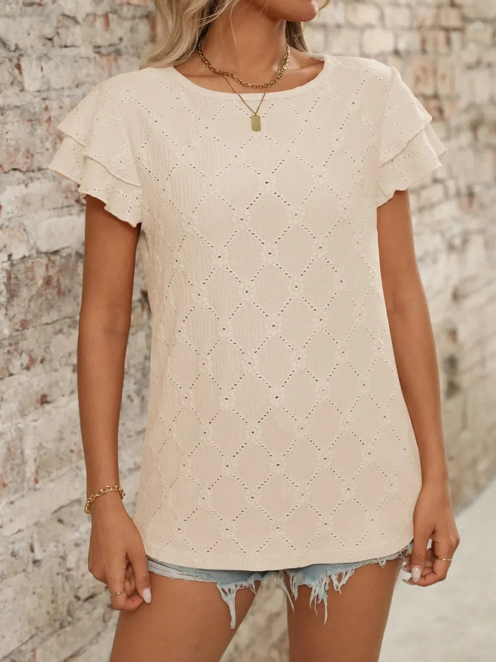 Eyelet Round Neck Ruffled Short Sleeve Top - Southern Shores Clothing