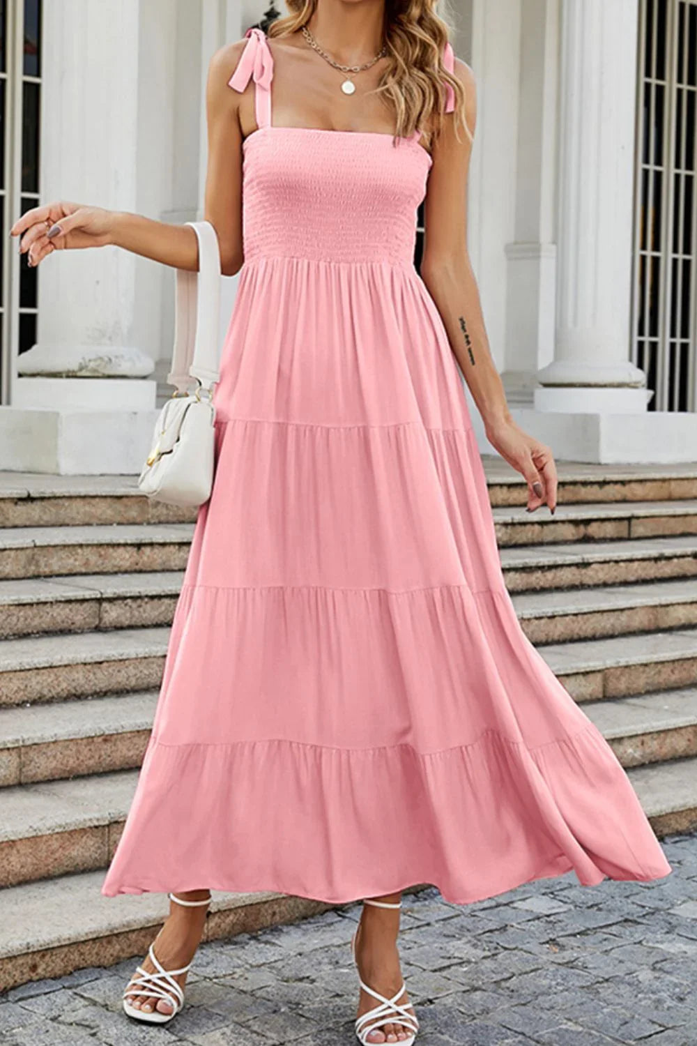 Tie Shoulder Smocked Tiered Maxi Dress Casual - Southern Shores Clothing