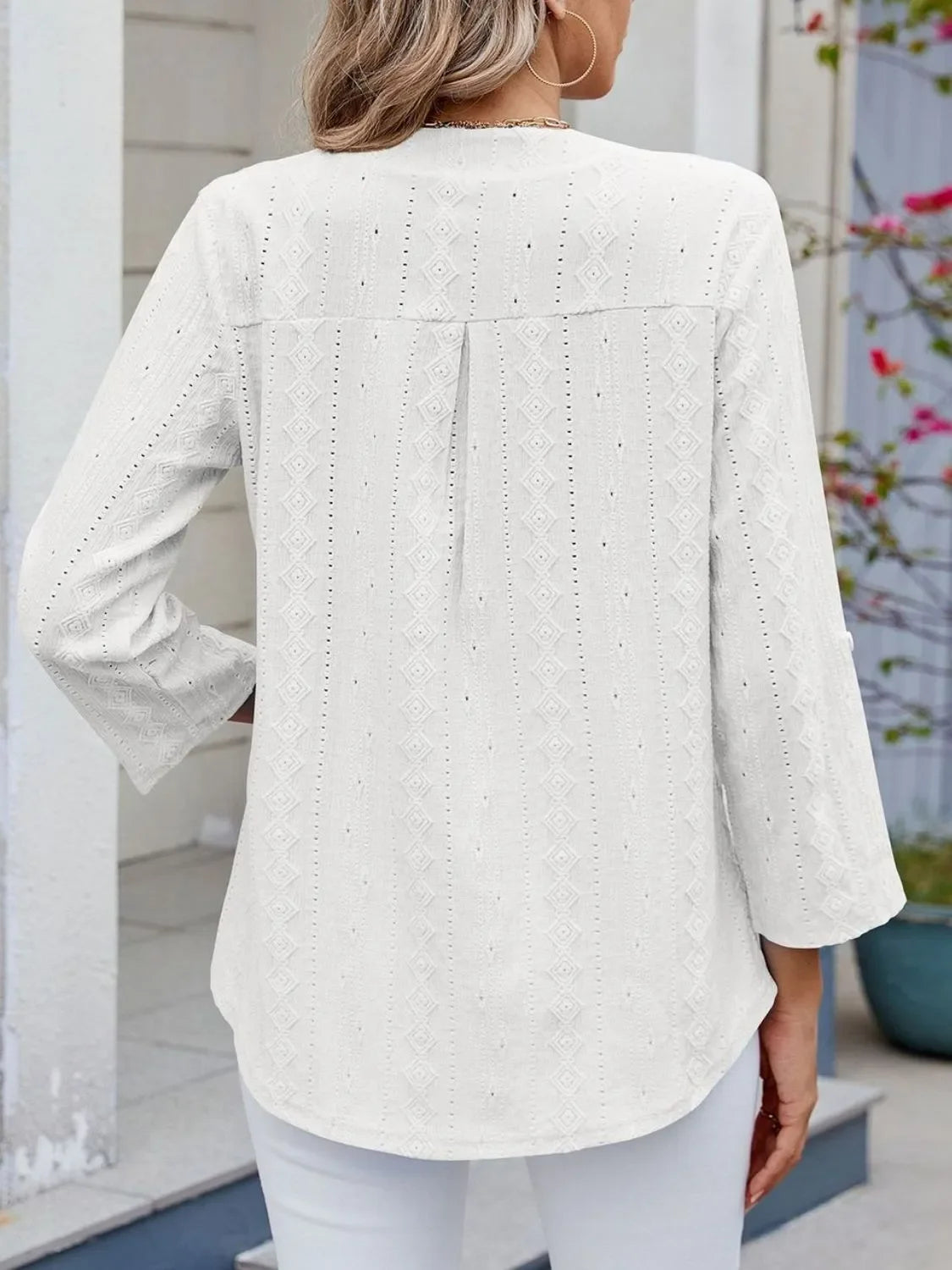 Eyelet Notched Roll-Tab Sleeve Top For Everyday Casual Wear - Southern Shores Clothing