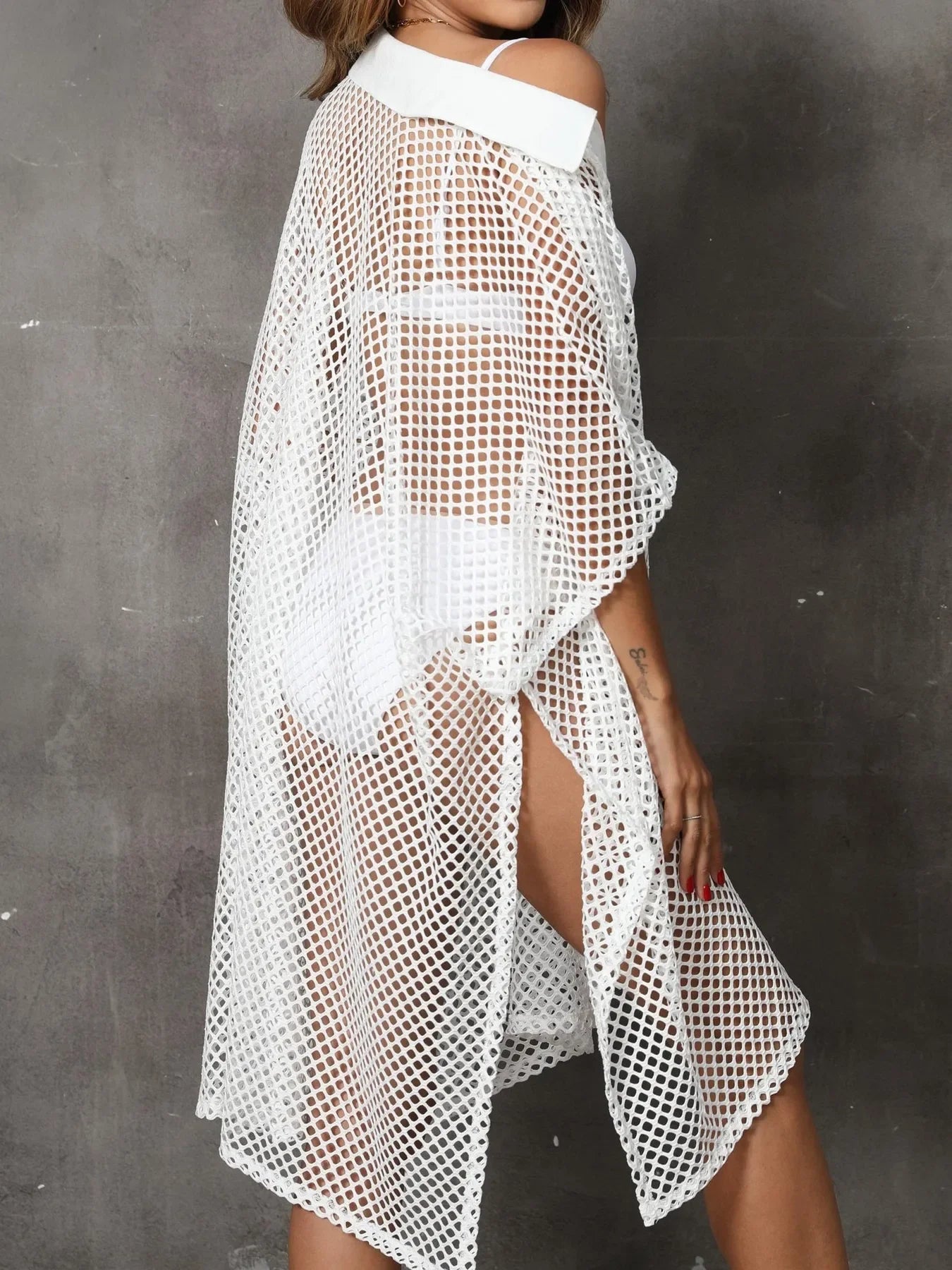 Sheer Mesh Button Up Swim Cover Up One Size