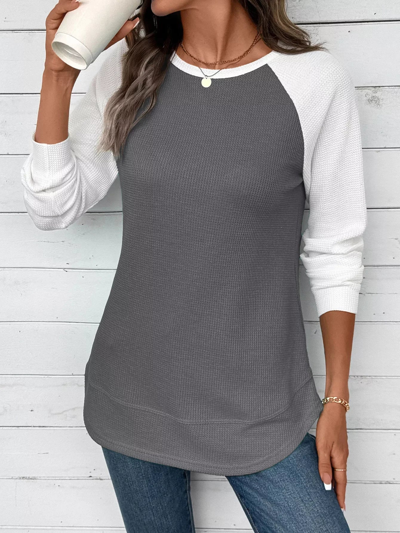 Contrast Raglan Sleeves Waffle Knit T Shirt - Southern Shores Clothing