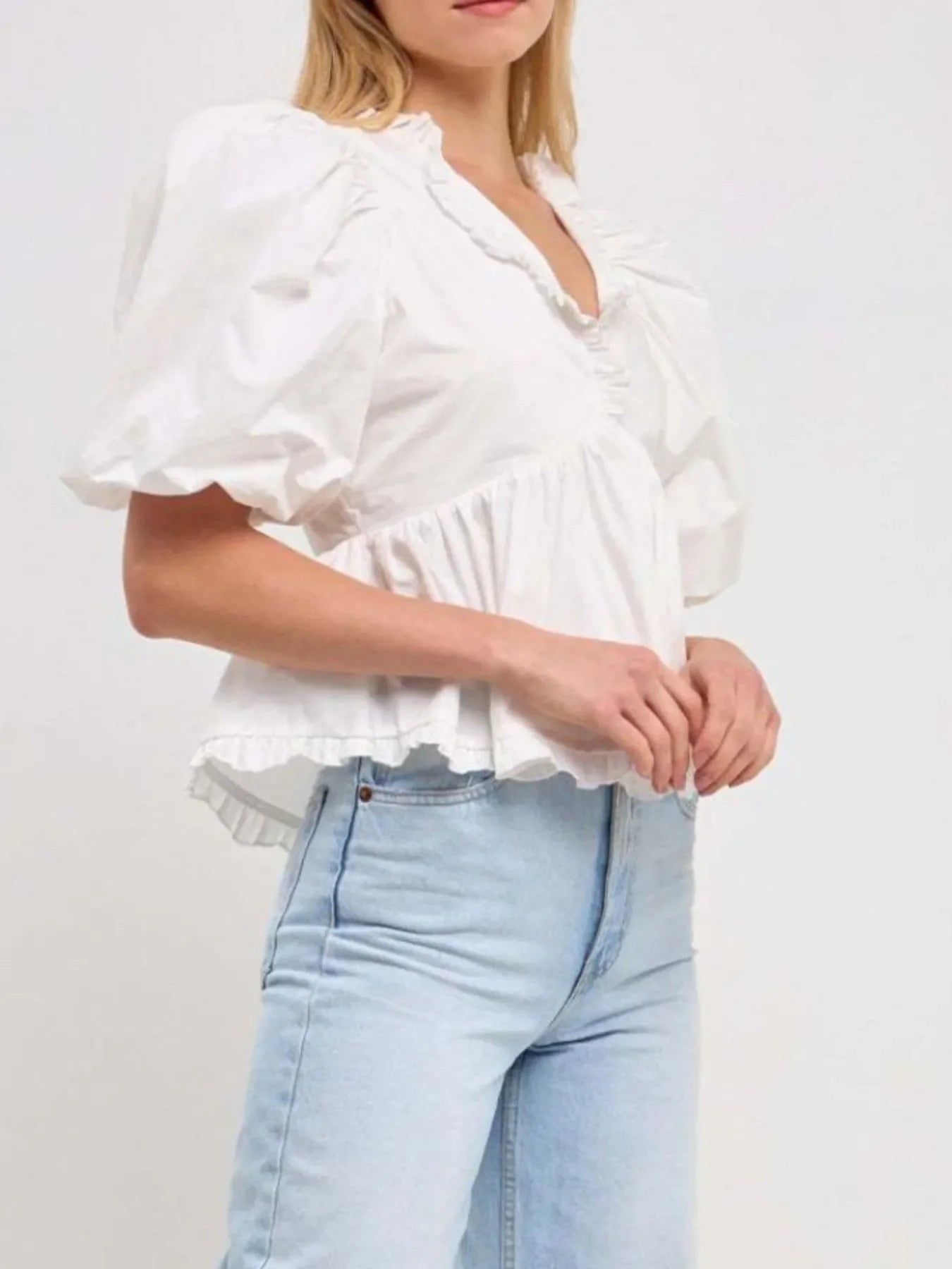 Stylish Southern Shores Clothing Puff Sleeve Peplum Blouse With Ruffles In 100% Polyester Fabric - Southern Shores Clothing