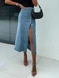 Midi Denim Skirt With Front Button Slit Style - Southern Shores Clothing