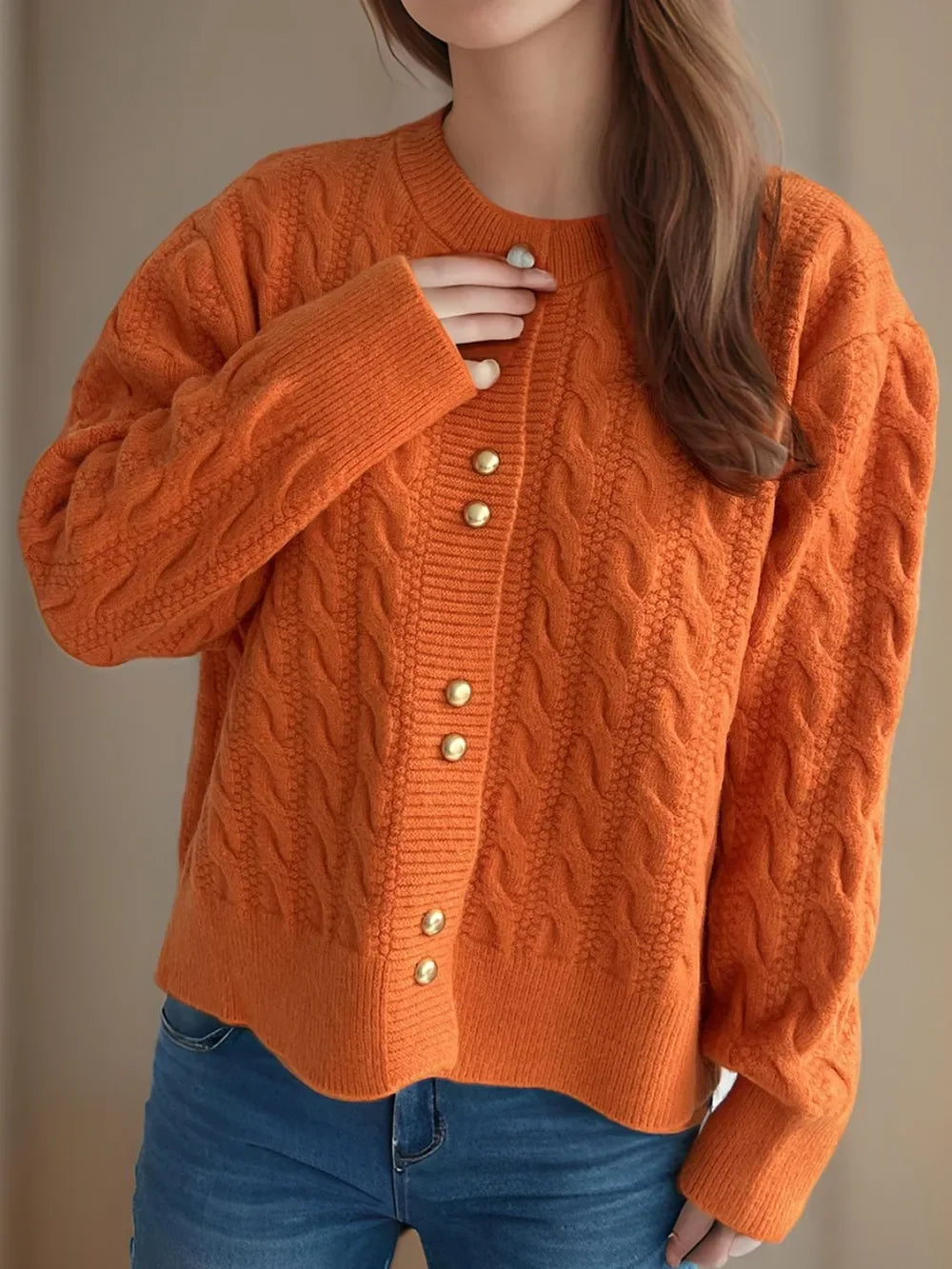 Cable-Knit Round-Neck Long Sleeve Cardigan Buttoned - Southern Shores Clothing