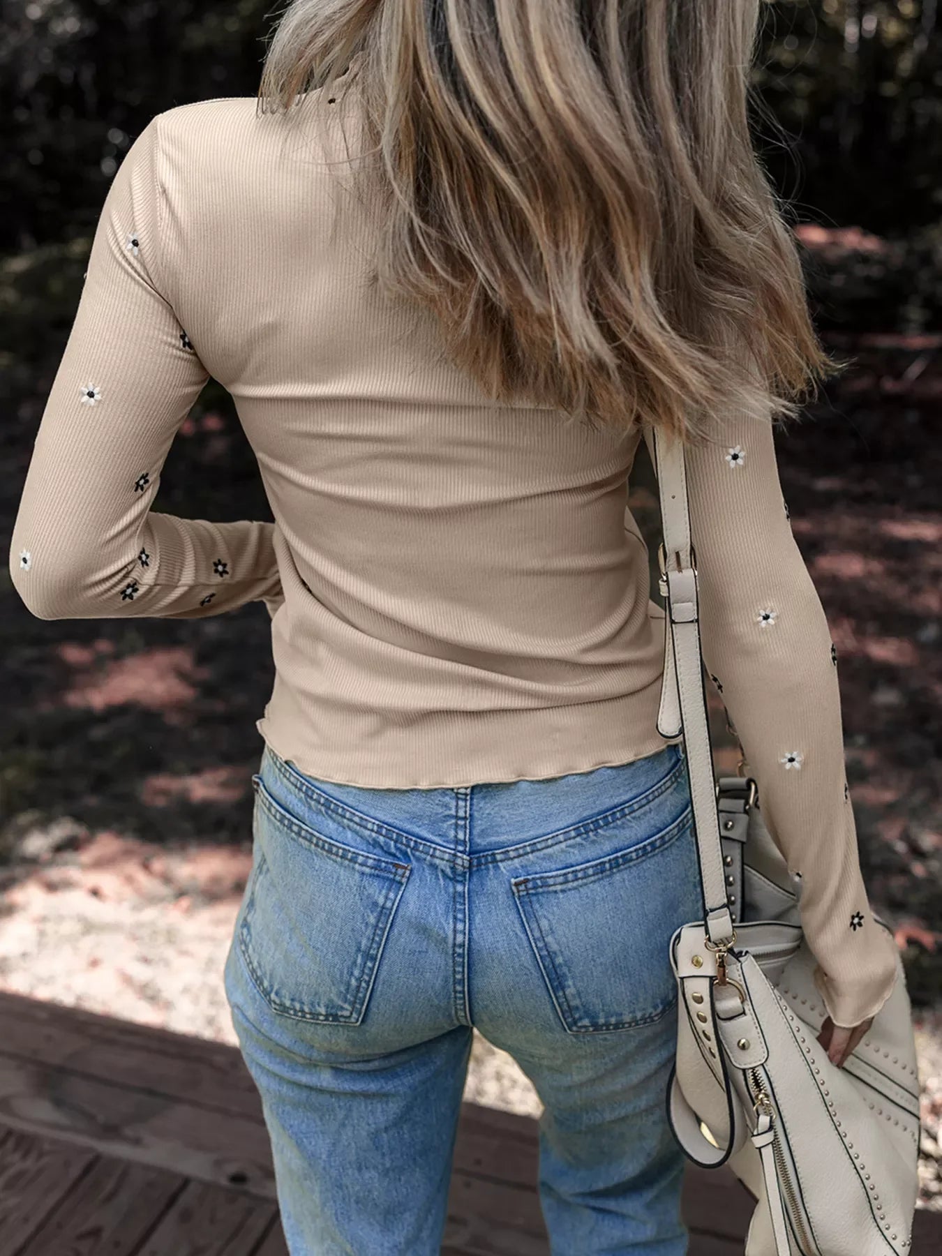 Floral Embroidered Detail Ribbed Long Sleeve Top - Southern Shores Clothing