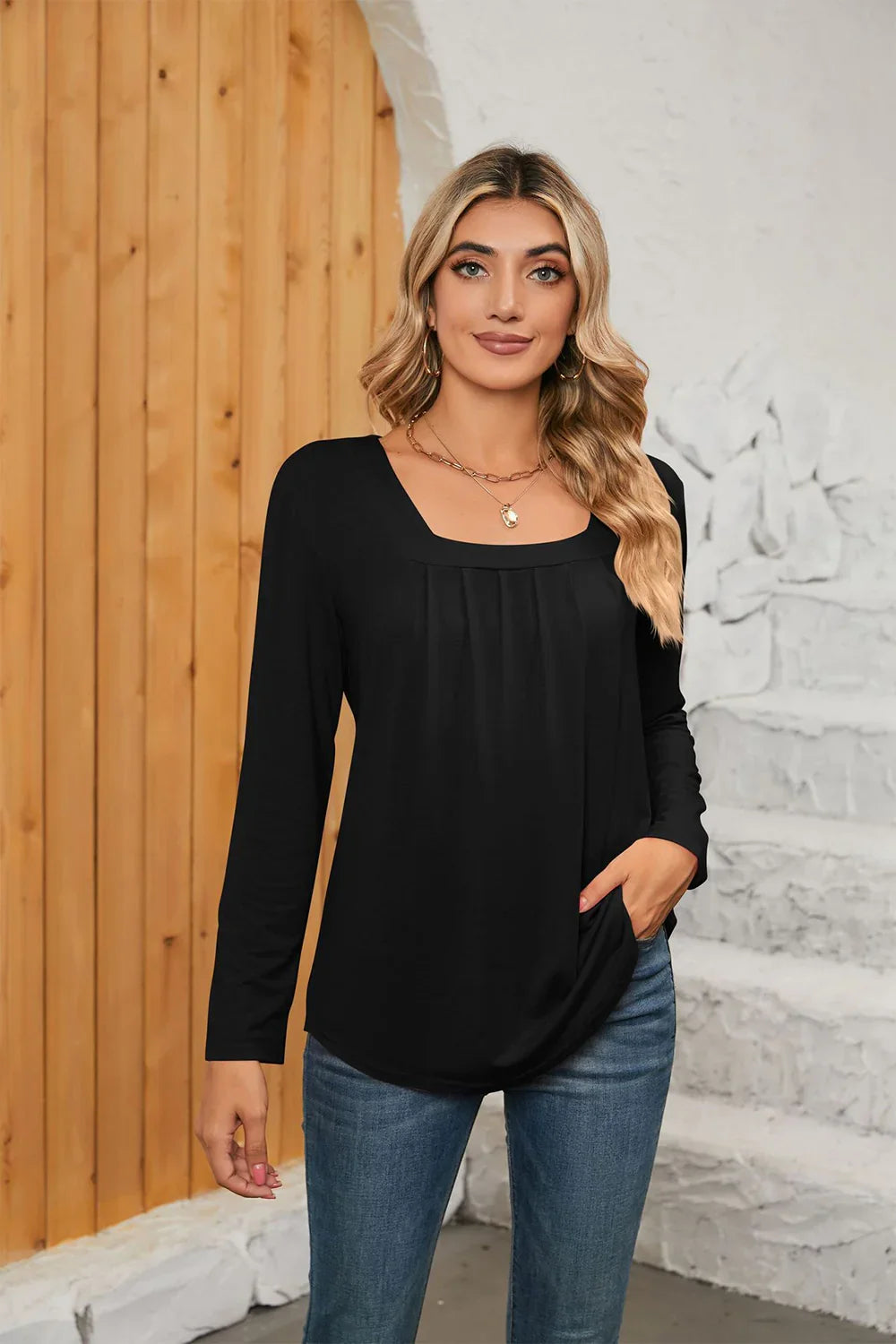 Square Neck Stretch Long Sleeve T Shirt Everyday - Southern Shores Clothing