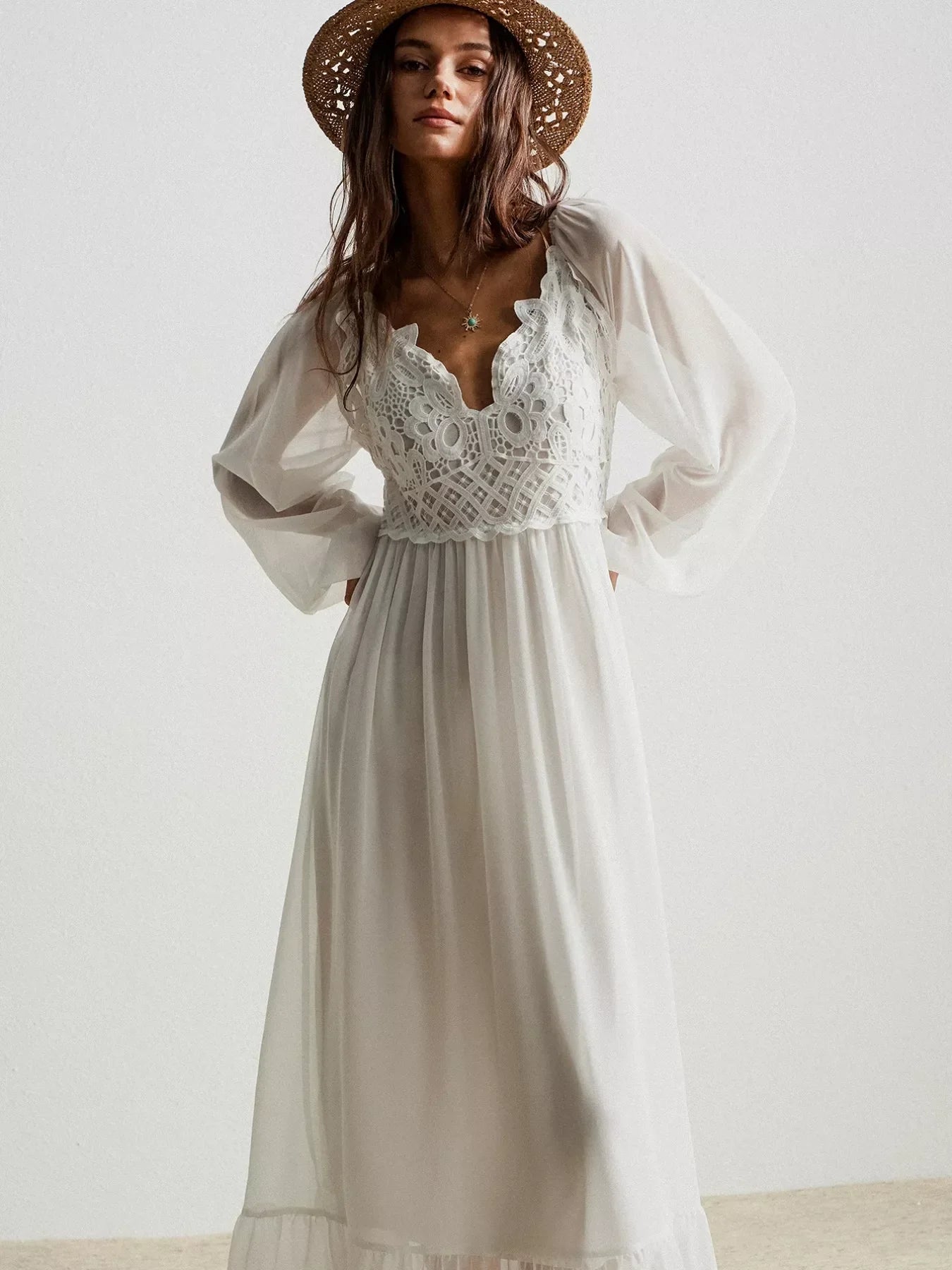 Boho Crochet Lace Maxi Dress With Smocked Bodice - Southern Shores Clothing