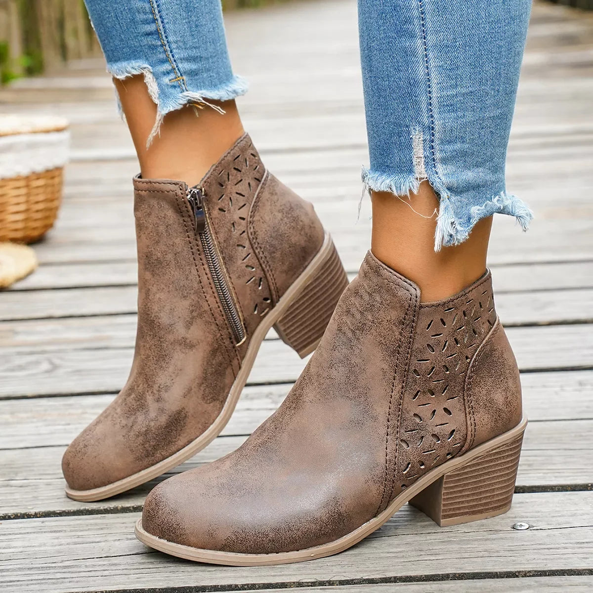 Round Toe Block Heel Ankle Boots Mid Heel - Southern Shores Clothing