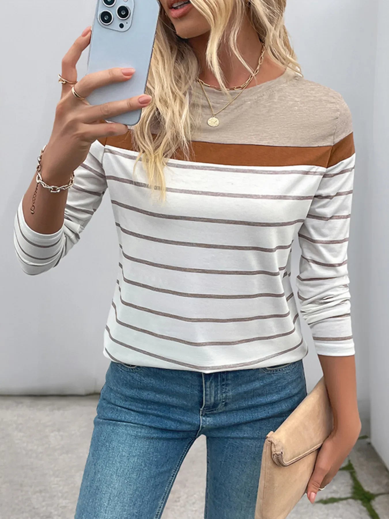 Striped Long Sleeve Stretch T Shirt Casual Top - Southern Shores Clothing