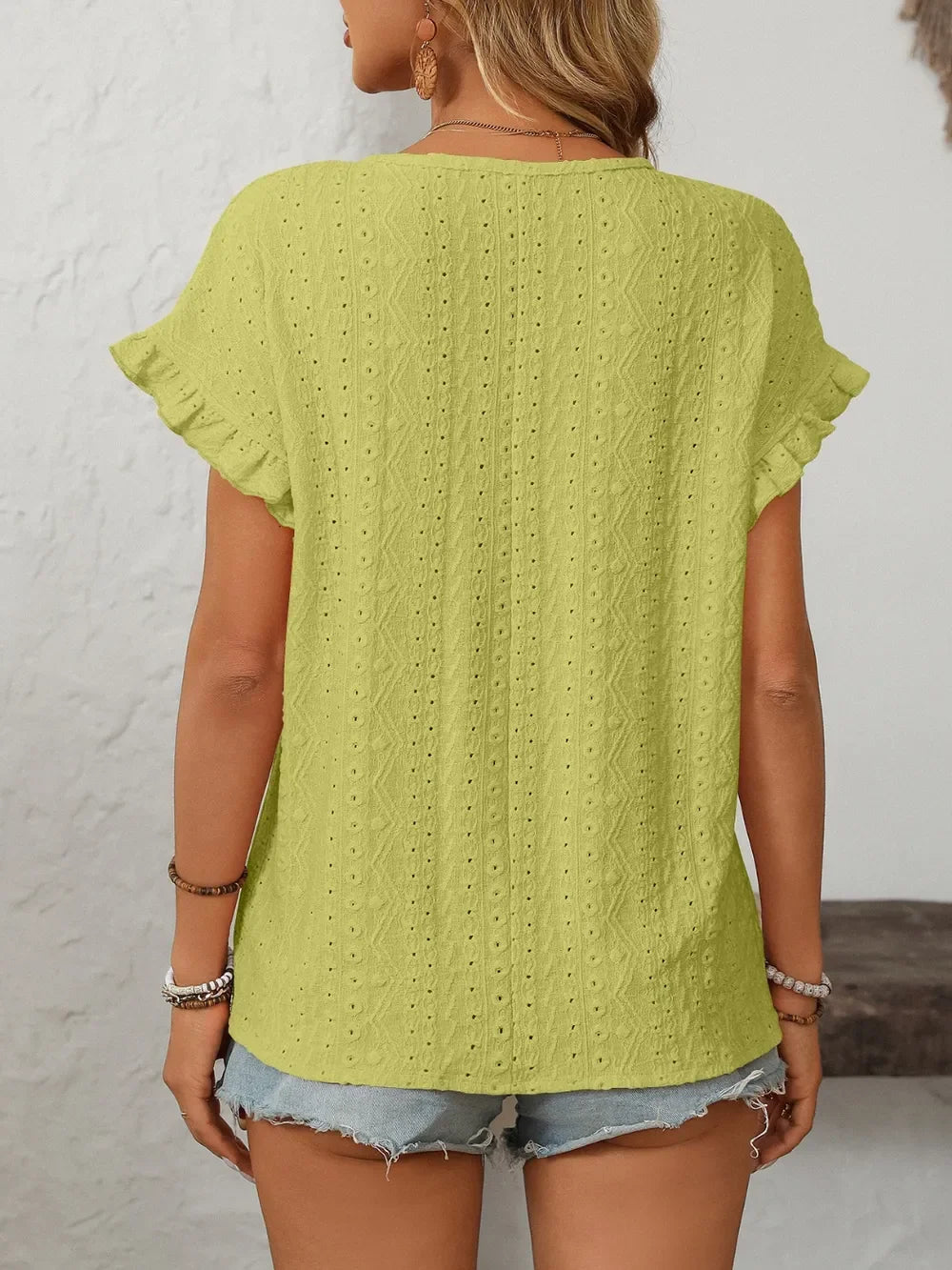 Eyelet Frill Round Neck Short Sleeve Top - Southern Shores Clothing
