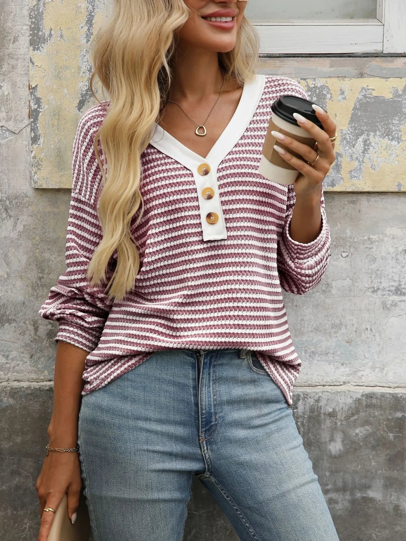 Striped V-Neck Button Front Casual Top - Southern Shores Clothing