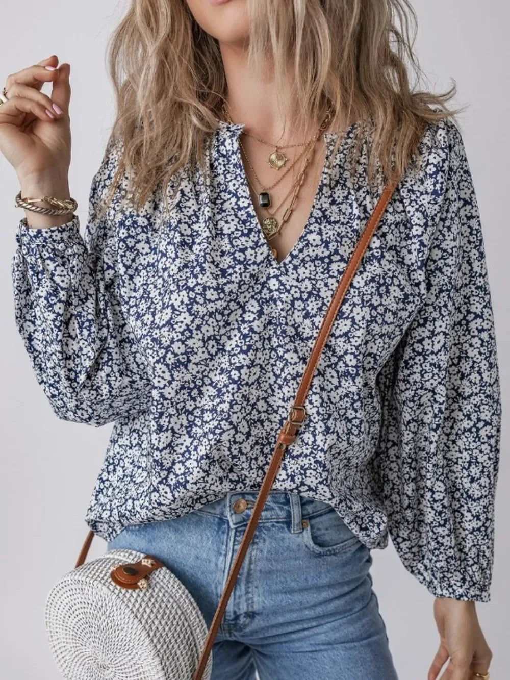 Elegant Floral Print Notched Long Sleeve Cotton Blouse - Southern Shores Clothing