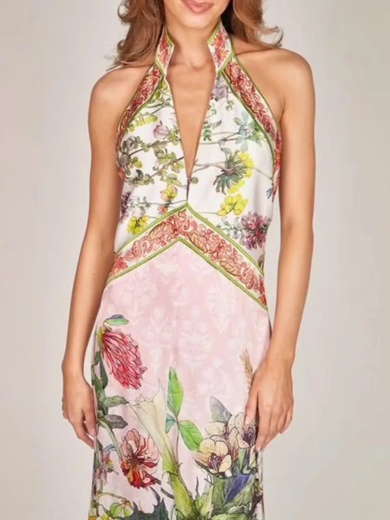 Printed Halter Neckline Backless Maxi Seagrass Dress - Southern Shores Clothing