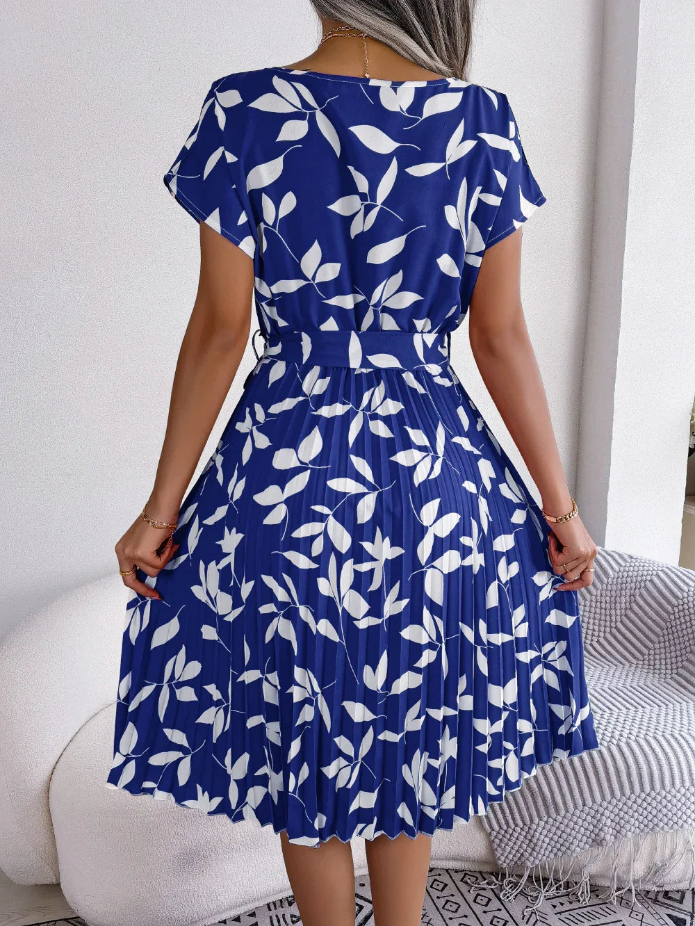 Printed Round Neck Short Sleeve Pleated Dress - Southern Shores Clothing