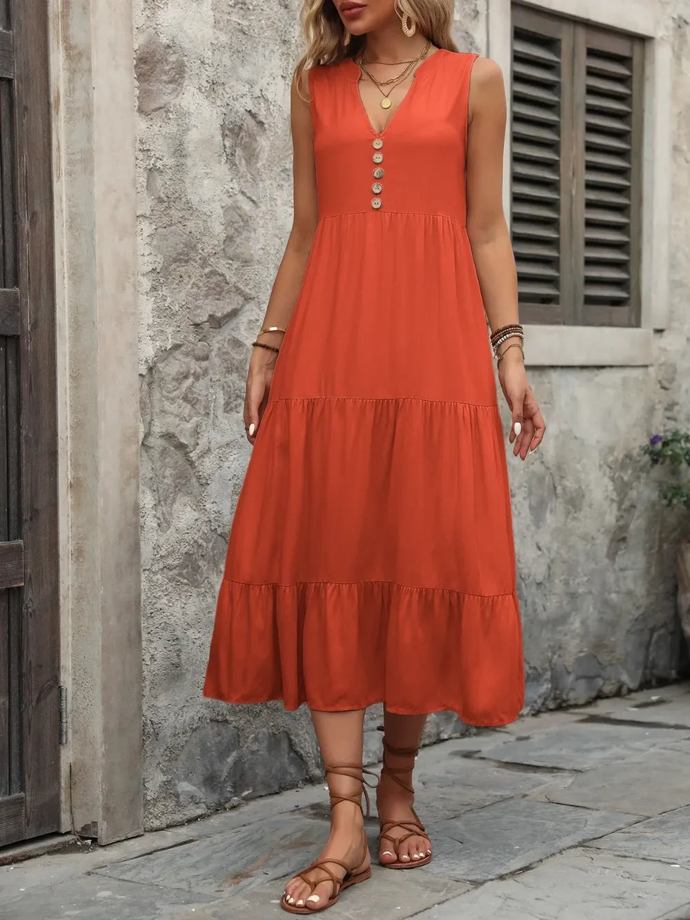 Notched Sleeveless Maxi Dress With Buttons - Southern Shores Clothing