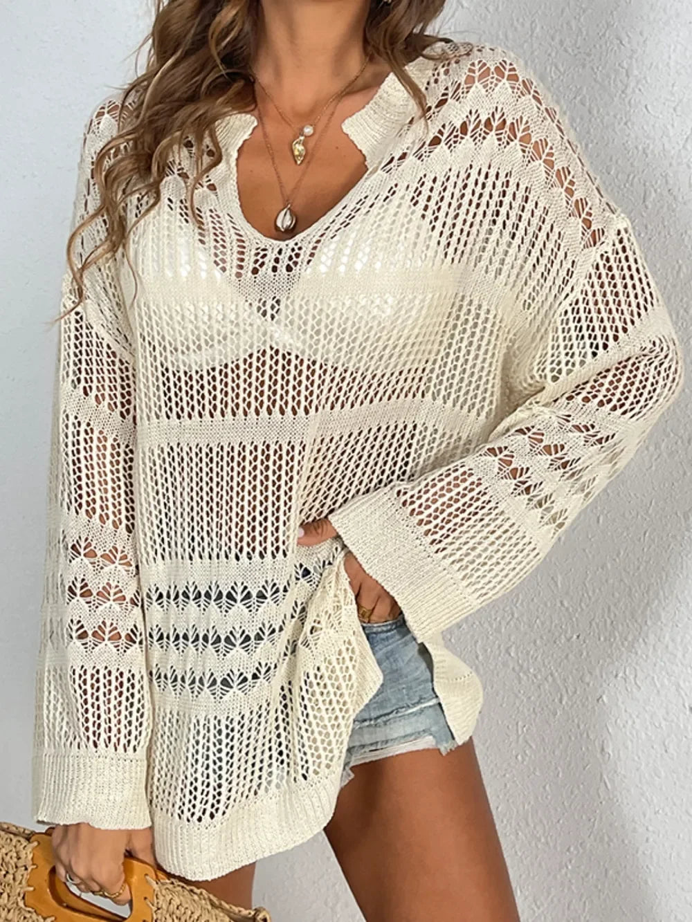 Lightweight Semi-Sheer Cutout Long Sleeve Cover-Up - Southern Shores Clothing