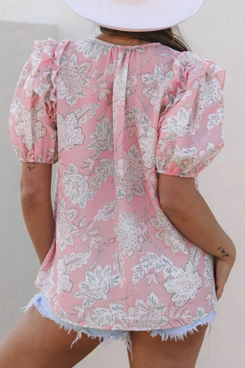 Floral Tie Neck Puff Sleeve Blouse - Southern Shores Clothing