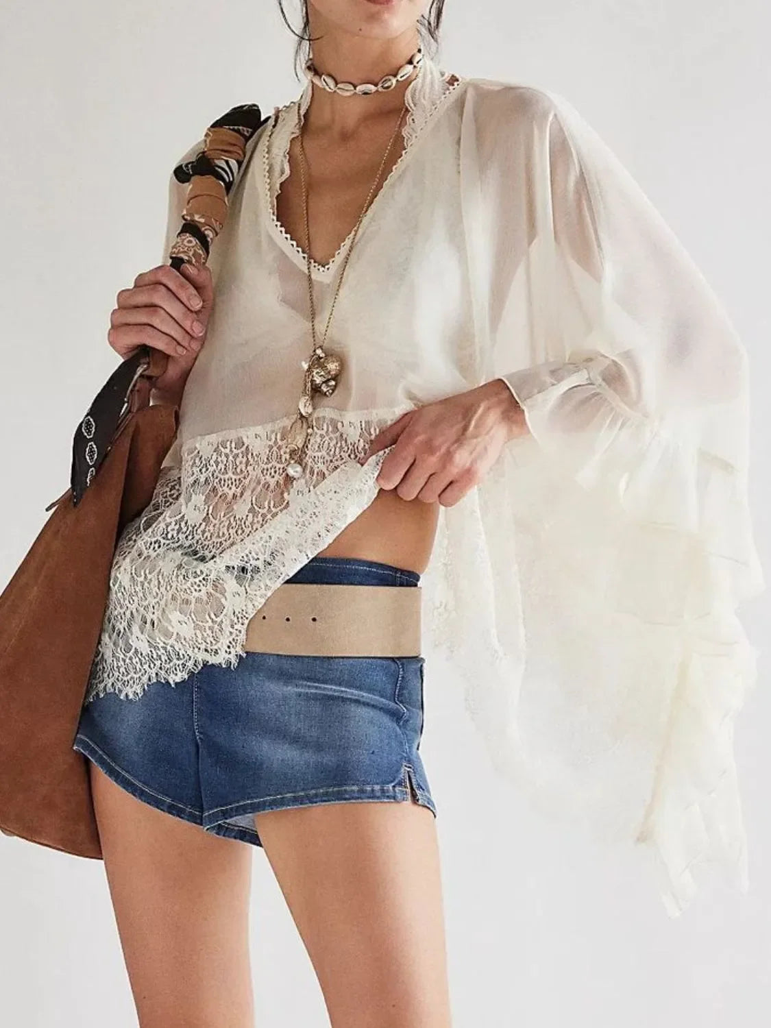 Lace V-Neck Ruffle Long Sleeve Beach Cover-Up - Southern Shores Clothing