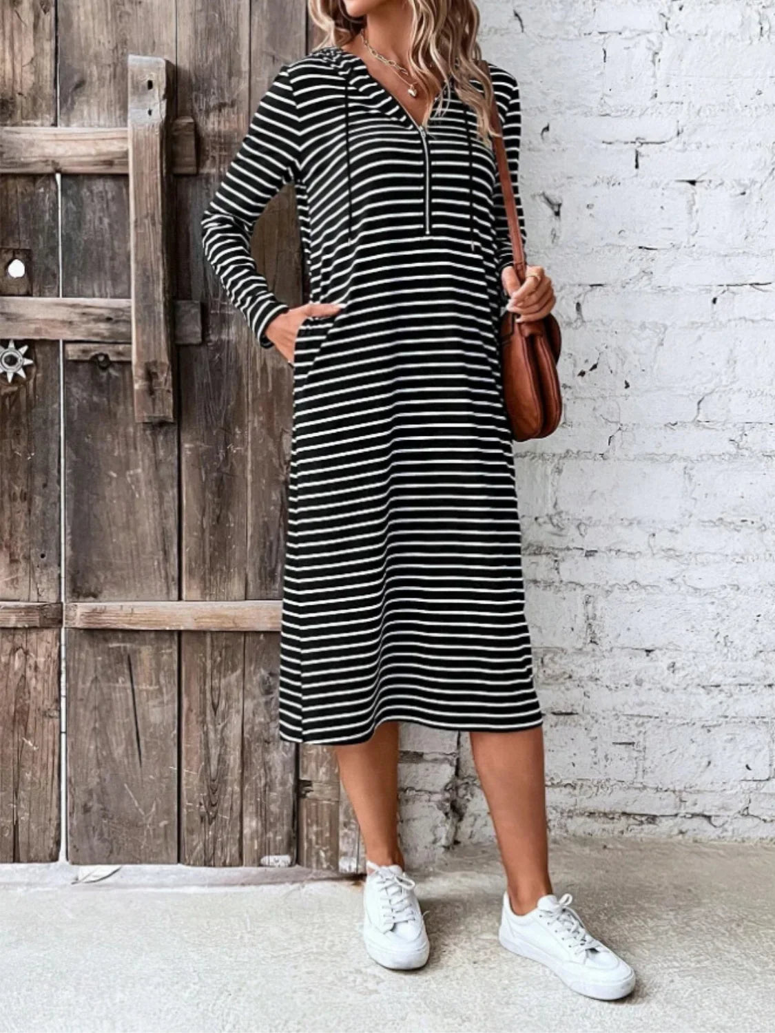 Striped Zip Front Hooded Dress - Southern Shores Clothing