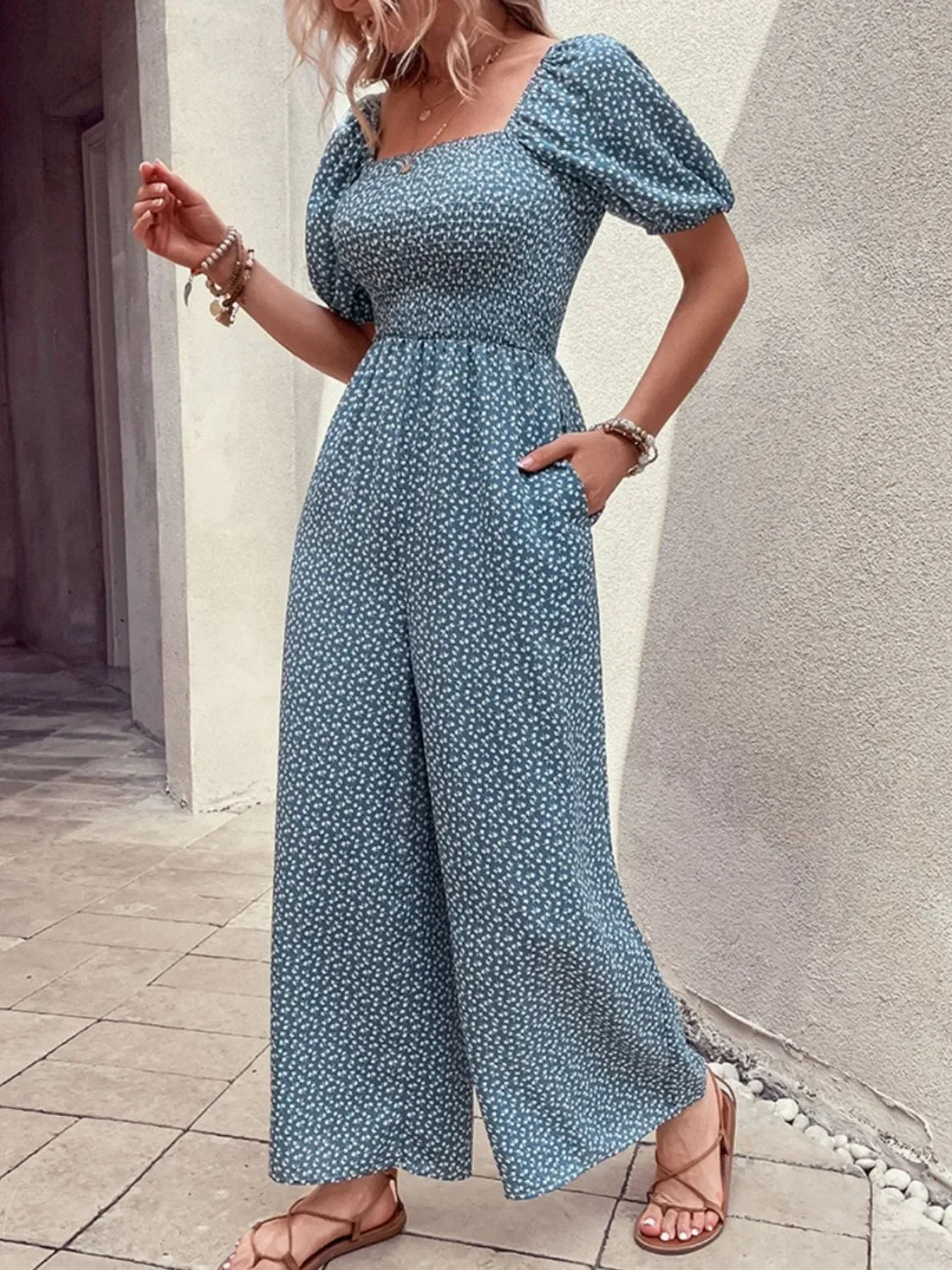 Printed Square Neck Puff Sleeve Jumpsuit - Southern Shores Clothing